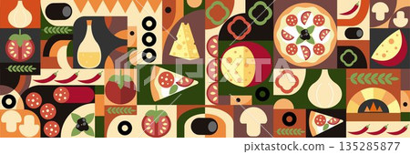 Pizza mosaic seamless pattern, Bauhaus flat design, pizza ingredients and slices, .Abstract geometric design of Italian pizzeria 135285877
