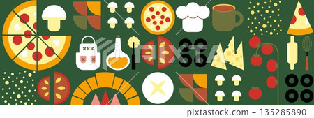 Pizza mosaic seamless pattern, Bauhaus flat design, pizza ingredients and slices, .Abstract geometric design of Italian pizzeria Pizza mosaic seamless pattern, Bauhaus flat design, pizza ingredients and slices, .Abstract geometric design of Italian pizzeria 135285890