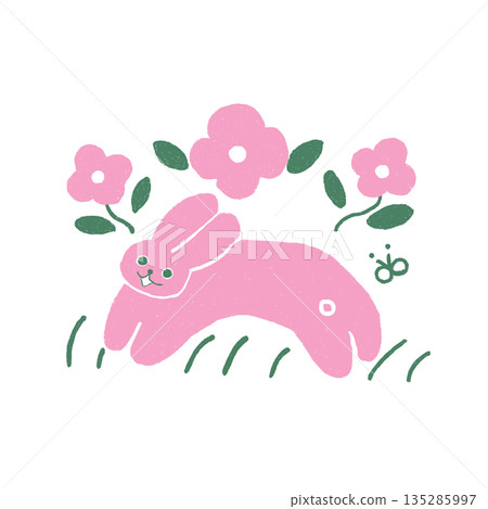 粉紅色的花朵和一隻活力四射的兔子－簡單的插畫素材 135285997