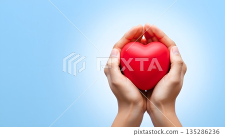 Hands Holding a Red Heart Against a Soft Blue Background Hands Holding a Red Heart Against a Soft Blue Background 135286236
