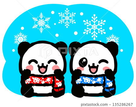 Doodle illustration of a sitting winter clothes panda Doodle illustration of a sitting winter clothes panda 135286267