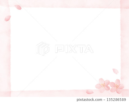 Watercolor frame of cherry blossoms and falling petals, pink background in the four corners, horizontal, spring celebration Watercolor frame of cherry blossoms and falling petals, pink background in the four corners, horizontal, spring celebration 135286589