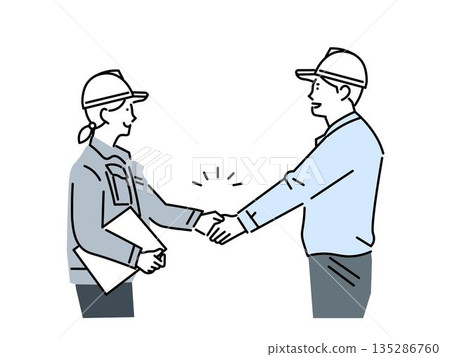 身著工作服、頭戴安全帽的男女握手——談判結束——合約——成功——商務人士向量圖 身著工作服、頭戴安全帽的男女握手——談判結束——合約——成功——商務人士向量圖 135286760
