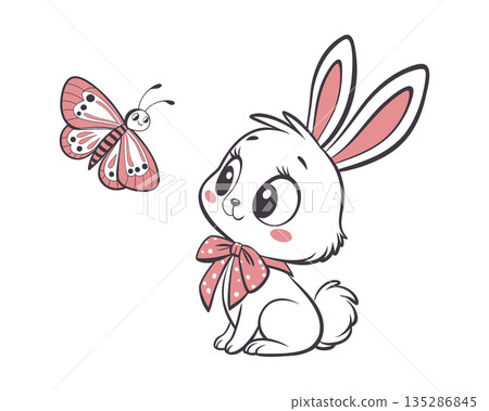 Sweet Bunny Watching a Pink Butterfly. Line art illustration. Sweet Bunny Watching a Pink Butterfly. Line art illustration. 135286845