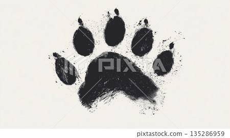 Unique black paw prints on a white surface captured with attention to detail and texture 135286959