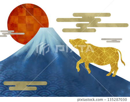 寓意吉祥的日本新年牛的插圖 135287030