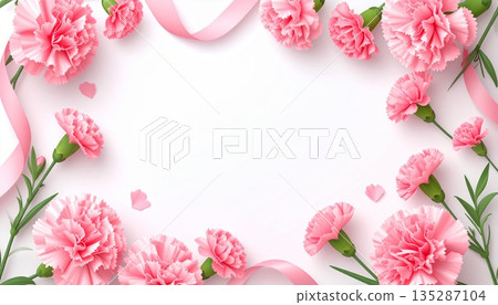 母親節背景素材：康乃馨和粉紅色絲帶（水彩風格） 135287104