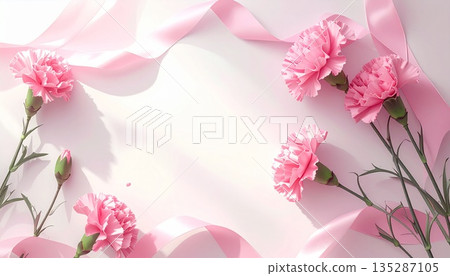 母親節背景素材：康乃馨和粉紅色絲帶（水彩風格） 135287105