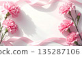Mother's Day background material: Carnations and pink ribbon (watercolor style) 135287106
