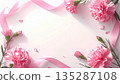 Mother's Day background material: Carnations and pink ribbon (watercolor style) 135287108