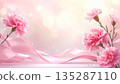 Mother's Day background material: Carnations and pink ribbon (watercolor style) 135287110