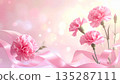 Mother's Day background material: Carnations and pink ribbon (watercolor style) 135287111