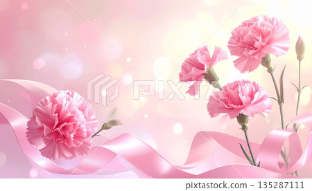 母親節背景素材：康乃馨和粉紅色絲帶（水彩風格） 135287111