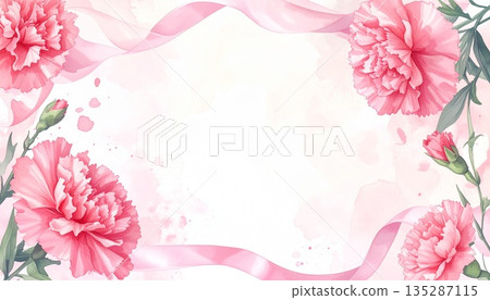 母親節背景素材：康乃馨和粉紅色絲帶（水彩風格） 135287115