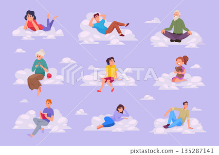 People in clouds. Kids adults parents mother father sitting on fluffy clouds and relaxing exact vector conceptual illustrations of dreaming People in clouds. Kids adults parents mother father sitting on fluffy clouds and relaxing exact vector conceptual illustrations of dreaming 135287141