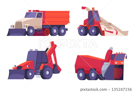 Snow cleaning transport. Seasonal urban vehicles for snow removing exact vector professional specific machinery Snow cleaning transport. Seasonal urban vehicles for snow removing exact vector professional specific machinery 135287156