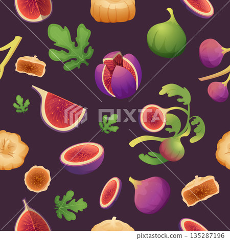 Fig tree fruits. juicy natural healthy fruits of fig tree. vector seamless background 135287196