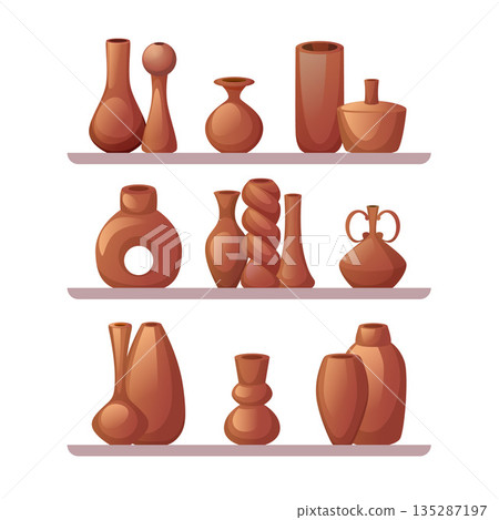 Clay vases. decorative hand made vases standing on shelves 135287197