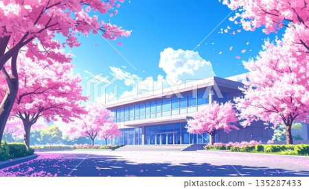春天裡的一棟校舍和成排的櫻花樹 135287433