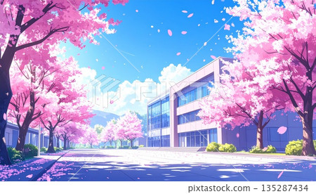 春天裡的一棟校舍和成排的櫻花樹 135287434