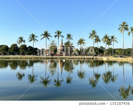 Palm trees reflected in the water and Sukhothai Historical Park Palm trees reflected in the water and Sukhothai Historical Park 135287456