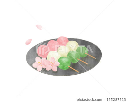 精美的水彩插畫，描繪了櫻花和三色餃子，賞櫻、春季日式甜點，可愛 135287513