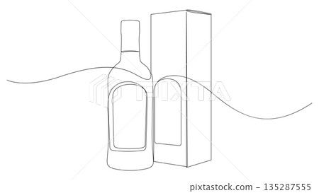 Continuous one line drawing of whiskey bottle and gift box Continuous one line drawing of whiskey bottle and gift box 135287555