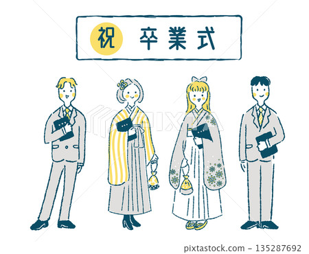 Illustration of four male and female students standing with diplomas at a graduation ceremony Illustration of four male and female students standing with diplomas at a graduation ceremony 135287692