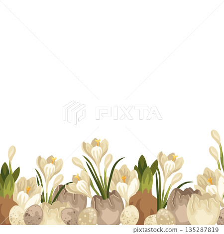 Hand-drawn Easter floral border made of crocus flowers, buns and bulbs, cracked eggshell and bird eggs, seasonal design template 135287819