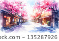 A Japanese shopping street with cherry blossoms in full bloom 135287926