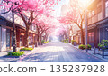 A Japanese shopping street with cherry blossoms in full bloom 135287928
