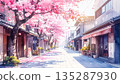 A Japanese shopping street with cherry blossoms in full bloom 135287930