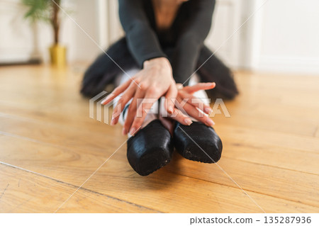 Young ballerina in tutu skirt stretching practicing ballet positions dancing in dance class. Young classical dancer woman in dance studio. Ballet class training Ballet school concept Young ballerina in tutu skirt stretching practicing ballet positions dancing in dance class. Young classical dancer woman in dance studio. Ballet class training Ballet school concept 135287936