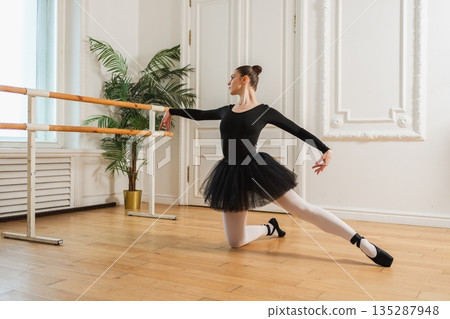 Young ballerina in tutu skirt dancing practicing ballet positions in dance class. Young classical dancer woman in dance studio. Ballet class training. Performer girl rehearsing dance in ballet school 135287948