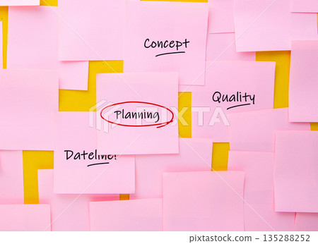 Planning process with notes on yellow background 135288252