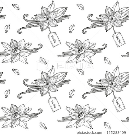 Hand-drawn seamless pattern made of blooming vanilla flowers and buns and vanilla pods, graphic botanical detailed sketch Hand-drawn seamless pattern made of blooming vanilla flowers and buns and vanilla pods, graphic botanical detailed sketch 135288409