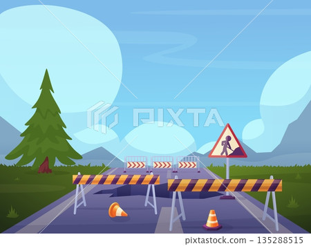 Road repair illustration. Street under construction with huge hole. Traffic problems, striped signs, barriers and cones. Countryside landscape, nowaday vector scene Road repair illustration. Street under construction with huge hole. Traffic problems, striped signs, barriers and cones. Countryside landscape, nowaday vector scene 135288515