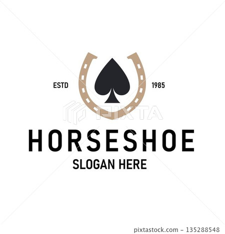 Vintage Logo featuring a Combination of a Golden Horseshoe and a Black Spade Symbol. 135288548