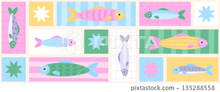 Sardines background. Sardine food, fish and seafood patchwork poster. Decorative creative print for napkin, textile, paper, covers, racy vector design Sardines background. Sardine food, fish and seafood patchwork poster. Decorative creative print for napkin, textile, paper, covers, racy vector design 135288558
