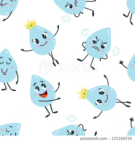 Cartoon drops seamless pattern. Water drop, different funny blue liquid characters. Print for fabric textile, wrapping, wallpaper, classy vector background Cartoon drops seamless pattern. Water drop, different funny blue liquid characters. Print for fabric textile, wrapping, wallpaper, classy vector background 135288559