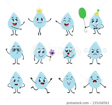 Funny water drops characters. Cartoon blue drop different poses and emotions. Aqua character dancing, crying, hold balloon. Cute stickers classy vector set 135288561