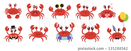 Cartoon cute crabs. Crab in love, with balloons, wear sunglasses and ready to swim. Funny underwater characters various emotions, animals classy vector clipart 135288562