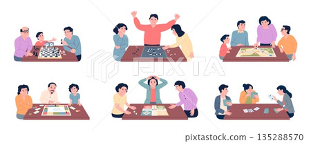 People play board games. Friends families playing chess, cards, poker, paper step by step plays. Home activities, leisure. Spend time together, recent vector scenes 135288570