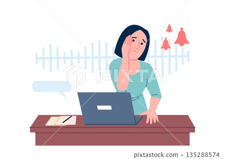 Girl scared work. Young woman frustrated, sitting with laptop and dong want working or studying. Digital stress, tired and burn out, recent vector scene 135288574