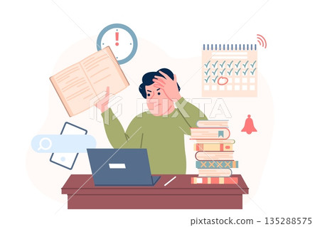 Student scared exam. Male character preparation to exametation. Young man feeling frustration, aggression, stress. Reading laptop and book, recent vector concept Student scared exam. Male character preparation to exametation. Young man feeling frustration, aggression, stress. Reading laptop and book, recent vector concept 135288575