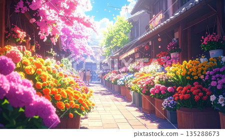 Vibrant Flower Market in a Charming Street Scene 135288673