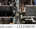 Workers pour wet concrete into a reinforced foundation formwork, showing steel rebar, wooden supports, and close-up construction details from an overhead perspective. 135288690