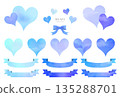 Watercolor style blue heart and ribbon illustration material set 135288701