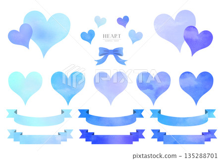 Watercolor style blue heart and ribbon illustration material set 135288701