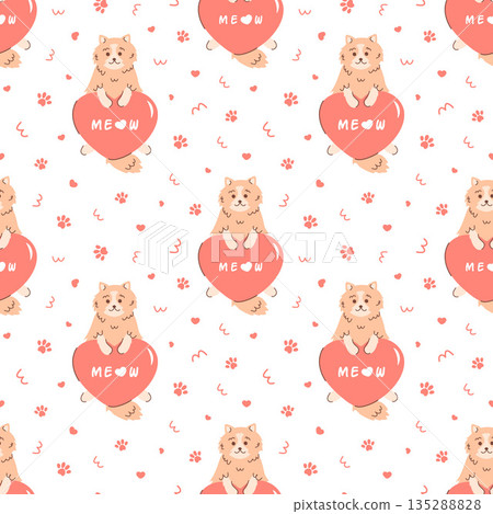 Seamless pattern with a cute cat holding a large red heart with the text Meow in its paws. Hand-drawn pet. Romantic background for Valentine's Day, children's textiles, background for Animal Day 135288828